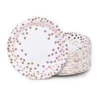 Lot de 100 assiettes jetables en carton blanc et or rose, à pois, 22,9 cm