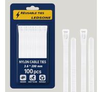 Lot de 100 attaches de câble réutilisables en nylon robuste et épais - Blanc - 200 x 3,6 mm
