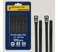 Lot de 100 attaches de câble réutilisables en nylon robuste et épais - Noir - 200 x 3,6 mm