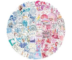 Lot de 100 autocollants côtiers bleus et roses - Décalques en vinyle imperméable sur le thème de l'océan pour filles et adolescentes, bouteilles d'eau, ordinateurs portables, bagages, skateboards
