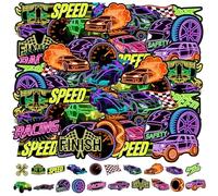 Lot de 100 autocollants en vinyle sur le thème des voitures de course néon - 20 designs uniques et amusants, 5 de chaque, pour la décoration sur le thème de la course automobile, les cadeaux de fête