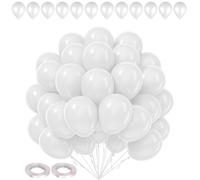 Lot de 100 ballons de fête blancs de 25,4 cm avec 2 rouleaux de rubans blancs - 5 mm x 10 m, parfaits pour les mariages, les anniversaires, les fêtes prénatales et les décorations d'anniversaire