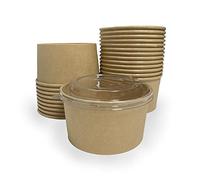Lot de 100 Bols/saladiers alimentaires en carton kraft biodégradables avec couvercles- vaisselle jetable recyclable pour restauration, vente à emporter, livraison, déjeuner, repas (100, 750ml)