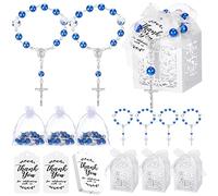 Lot de 100 bonbonnières de baptême comprenant un mini chapelet, des boîtes à dragées de baptême, des sacs en organza blanc et des étiquettes de remerciement en papier kraft, 25 ensembles chacun pour