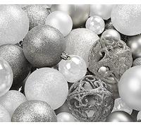 Lot de 100 Boules de décoration de Noël incassables + 100 Crochets décoratifs en métal pour Sapin de Noël intérieur/extérieur - Décoration d'intérieur et d'extérieur - Argenté et Blanc - 3 cm
