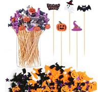 Lot de 100 brochettes à cocktail d'Halloween et rabats en papier de 15 g, cure-dents en bois, chauve-souris, araignée, citrouille, brochettes à cocktail pour Halloween, horreur, décoration de fête