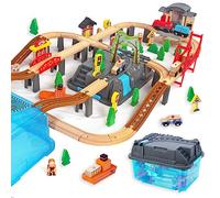 Lot de 100 chemins de fer en bois et trains - Kit pour débutants - Compatible avec Thomas - Convient pour les jouets Eichhorn pour enfants à partir de 3 ans
