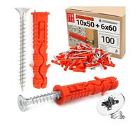Lot de 100 chevilles 10 x 50 mm avec vis 6 x 60 mm - Chevilles à percussion et chevilles universelles pour béton, brique, blocs creux, kit de chevilles avec vis à tête fraisée Lun Fix
