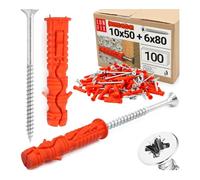 Lot de 100 chevilles 10 x 50 mm avec vis 6 x 80 mm - Chevilles à percussion et chevilles universelles pour béton, brique, blocs creux, kit de chevilles avec vis à tête fraisée Lun Fix