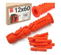 Lot de 100 chevilles universelles 12 x 60 mm - Chevilles à expansion en nylon pour béton, plaques de plâtre, murs creux et cloisons sèches - Chevilles à longue tige - Diamètre 12 mm Lun Fix