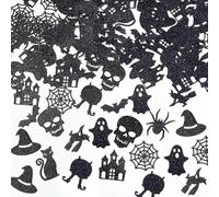 Lot de 100 confettis d'Halloween en papier à paillettes noires avec fantômes, chauves-souris, châteaux, toiles d'araignée, chapeaux de sorcière et chats