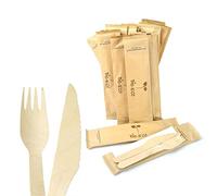 Lot de 100 couverts en bois fourchette, couteau et nappe emballés dans un sachet 100 % papier idéal pour FAST FOOD et à emporter