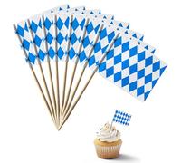 Lot de 100 cure-dents à carreaux bleus et blancs - Pour décoration de fête de la bière, décorations de cupcakes, mini drapeaux sur bâtons pour fournitures de fête, drapeau bavarois de la bière