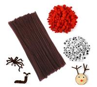 Lot de 100 cure-pipes marron - Fil chenille - Pour le bricolage - 150 pompons rouges - 150 yeux mobiles autocollants - Pour enfants - Pour décoration de Noël, rennes - Accessoires de bricolage
