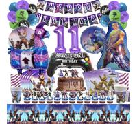 Lot de 100 décorations d'anniversaire Fortni pour 11 ans - Vaisselle de fête de jeu - Décoration d'anniversaire - Ballon - Décoration d'anniversaire - Pour garçon