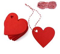 Lot de 100 étiquettes cadeaux coeurs 10m de fil, papier kraft Idéales pour Saint-Valentin, Noël, mariage, Thanksgiving, anniversaire, fête de vacances (rouge)