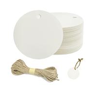 Lot de 100 étiquettes rondes en papier kraft, étiquettes vierges avec ruban de chanvre de 20 m pour décorations cadeaux, signaux, etc. (blanc).