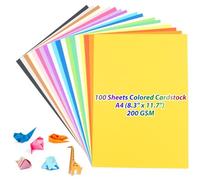 Lot de 100 feuilles de papier cartonné A4 assorti, 200 g/m², 21 x 29,7 cm, 20 couleurs, idéal pour le scrapbooking, l'impression, l'art du papier