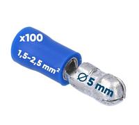 Lot de 100 fiches rondes Kalitec RSB5 - Bleu - 1,5 mm - 2,5 mm² - Partiellement isolées - Diamètre : 5 mm - Longueur : 23 mm - Idéal pour connecter des câbles