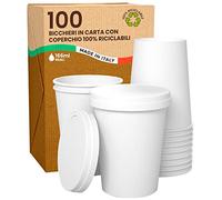 Lot de 100 gobelets en carton blanc de 165 ml avec couvercles en papier, respectueux de l'environnement, biodégradables, jetables, fabriqués en Italie, boissons chaudes, eau + 100 couvercles,