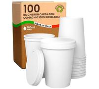 Lot de 100 gobelets en papier blanc 200 ml avec couvercle en papier écologique biodégradables jetables fabriqués en Italie par emporter boissons chaudes à l'eau + 100 couvercles - Produit et emballé