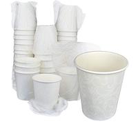 Lot de 100 gobelets en papier de couleur blanche avec motif damas 8 0Z (250 ml) emballés individuellement.
