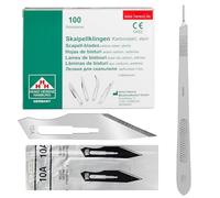 Lot de 100 lames de scalpel 10A emballées individuellement stériles + 1 support de scalpel Shehadeh de 21 cm de long en acier inoxydable