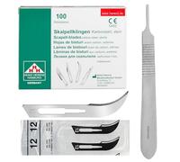 Lot de 100 lames de scalpel figure 12 en acier au carbone - Lames de rechange emballées individuellement stériles + 1 x Shehadeh - Support pour scalpel - Acier inoxydable