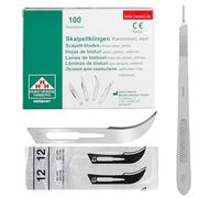 Lot de 100 lames de scalpel figure 12 lames de rechange emballées individuellement stériles + 1 support de scalpel Shehadeh de 21 cm de long en acier inoxydable