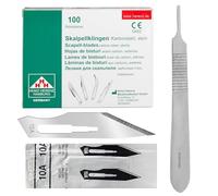 Lot de 100 lames de scalpel stériles 10A en acier au carbone - Lames de rechange + 1 support Shehadeh - Acier inoxydable