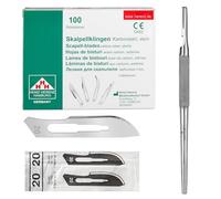 Lot de 100 lames de scalpel stériles Figure 20 en acier au carbone - Lames de rechange + 1 x Shehadeh - Support de scalpel avec poignée ronde - Acier inoxydable