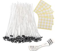 Lot de 100 mèches de bougie pré-cirées avec 1 support de mèche en acier inoxydable, 100 autocollants double face pour mèche (15,2 cm)