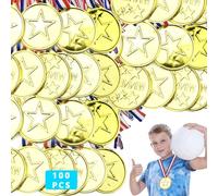 Lot de 100 Médailles pour Enfants Jouet, Médailles D'or pour Enfants Médailles, Or avec Ruban en Nylon Tricolore, Médailles de Prix Métal pour Fêtes de Football Garçons Enfants