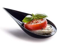 Lot de 100 mini assiettes à apéritif en forme de goutte d'eau de 10,2 cm, cuillères en plastique noir - Assiettes de service pour desserts et apéritifs - Ensemble de cuillères asiatiques, petite tasse