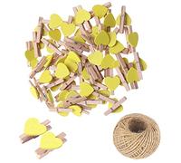 Lot de 100 mini pinces à linge en bois jaunes en forme de cœur, petites pinces à linge multicolores avec cœur, 3 cm, petites épingles à linge avec ficelle pour affichage de photos, bricolage