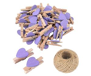 Lot de 100 mini pinces à linge en bois violettes en forme de cœur - Petites pinces à linge multicolores de 3 cm - Petites épingles à linge avec ficelle pour affichage, bricolage, décoration de mariage