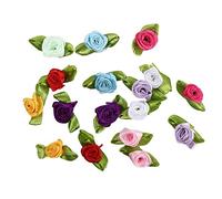 Lot de 100 mini roses en ruban avec feuille, roses artificielles, mini décorations multicolores en forme de nœud, boutons de rose en satin