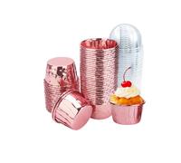Lot de 100 moules de cuisson jetables en aluminium avec couvercles en forme de dôme pour cupcakes, muffins, cupcakes, pour mariage, anniversaire, Saint-Valentin, or rose