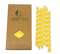 Lot de 100 pailles en papier biodégradables à rayures jaunes et blanches pour cake pops, mariages, accessoires de fête