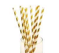 Lot de 100 pailles en papier biodégradables et recyclables pour fête, anniversaire, mariage (rayures blanches dorées)