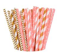 Lot de 100 Pailles en Papier Rose et Or Biodégradables pour Fête Anniversaire Mariage (Rose et Or)