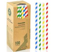 Lot de 100 pailles jetables extra longues 26 cm de large 10 mm de large pour smoothies épais, milkshakes - Rayures colorées, 100% biodégradables