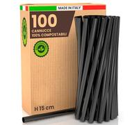 Lot de 100 pailles larges jumbo de couleur noire 15 cm x 8 mm - 100 % rigides écologiques biodégradables compostables et réutilisables, fabriquées en Italie, idéales pour les boissons cocktails et les