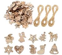 Lot de 100 pendentifs en bois - Petits pendentifs en bois - Décoration avec corde de chanvre - Décoration de Noël en bois - Petit pendentif de Noël - Bricolage