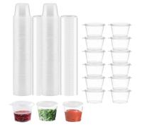 Lot de 100 petits pots à sauce avec couvercles, réutilisables en plastique avec couvercles, pour chutney, ketchup, salades, sauce chili, activités intérieures ou extérieures (25 ml)