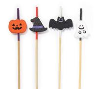 Lot de 100 pics à brochettes en bambou pour amuse-bouches, nourriture, boissons, desserts - 10 cm - Citrouille, chapeau de sorcière, chauve-souris, fantôme