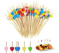 Lot de 100 pics à cocktail en bois en forme de cœur avec jolie décoration pour bar, gâteau, fête et fête d'anniversaire, brochette de fruits, décoration de cocktail