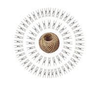 Lot de 100 pinces à linge colorées en bois - Avec bobine de ficelle de jute de 30 m - Pour vêtements, photos, loisirs créatifs blanc