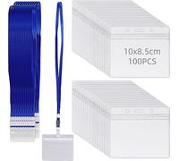 Lot de 100 pochettes pour cartes d'identité format paysage avec cordon | MUKSUET 10 x 8,5 cm, en PVC, porte-badge, avec cordon bleu, porte-cartes étanche, pour affaires, exposition, bureau