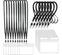 Lot de 100 porte-badges horizontaux en plastique transparent et 100 cordons noirs avec clip pour badges d'identité (noir)